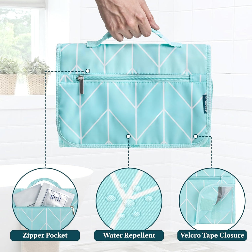 PAVILIA Hanging Toiletry Bag Women Men, Travel Kit Foldable Large Toiletries Organizer, Roll up Cosmetics Makeup Bag Accessories, Waterproof Essentials Jewelry Case (Teal Chevron)