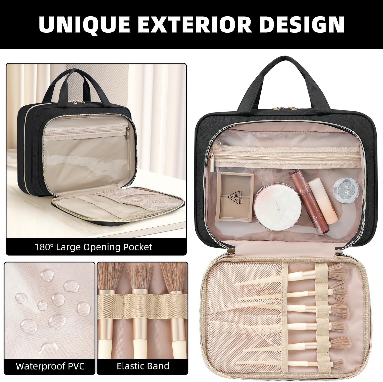 BAGAIL Hanging Toiletry Bag for Women Water-resistant Cosmetic Bag Large Capacity Travel Makeup Organizer for Full-Sized Travel Essentials(Standard, Black)