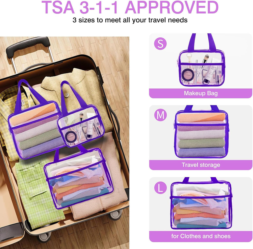 XEWEA Clear Travel Toiletry Bags, 3 Pack TSA Approved Transparent Makeup Bag for Men Women, Large Waterproof PVC Quart Organizer with Zipper for Toiletries Airline Essential,Toy Storage Pouch Purple