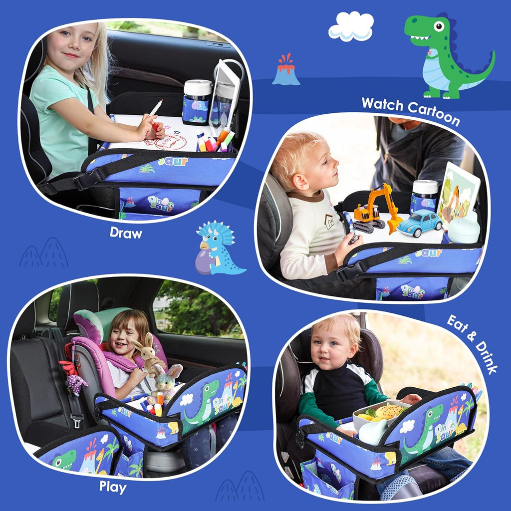 Kids Travel Tray for Car-Car Seat Tray for Kids Travel, Carseat Table Top for Toddler Road Trip Essentials With Drawing Kit, Kids Lap Desk Organizer for Car, Airplane (Blue Dinosaur)