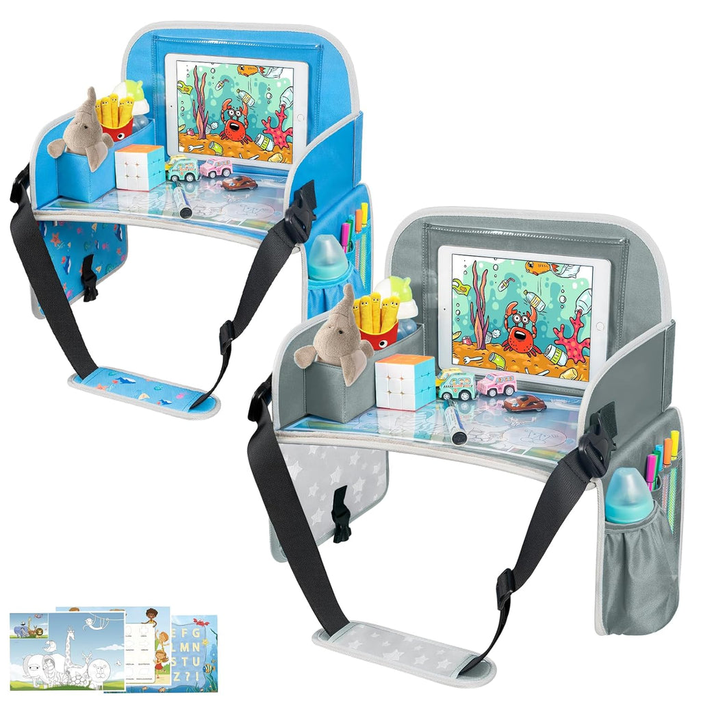 MENZOKE Kids Travel Tray for Boys or Girls, Travel Tray for Kids Car Seat with Tablet Holder, Dry Erase Board & Cooler Cup Holder, Road Trip Essentials Accessories for Car Trip, Airplane (2 Pack)