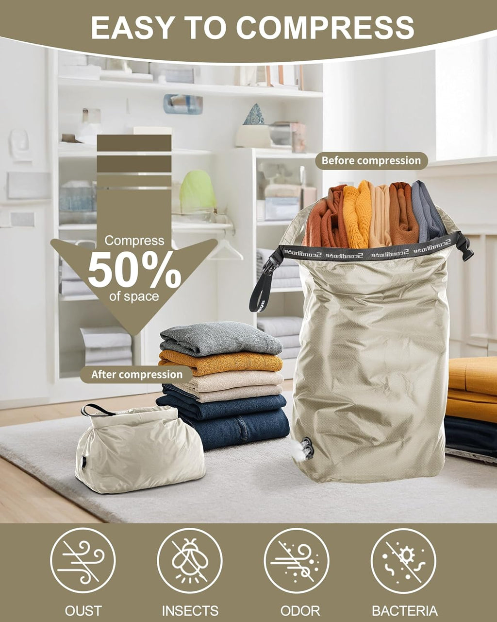 Travel Laundry Bag, Pump Free Vacuum Storage Bag Reusable Compression Dirty Clothes Travel Bag Waterproof Wet Dry Bags Large Capacity Space Saver Bags Camp Clothes Organizer (1 Pcs)(Gray, L)