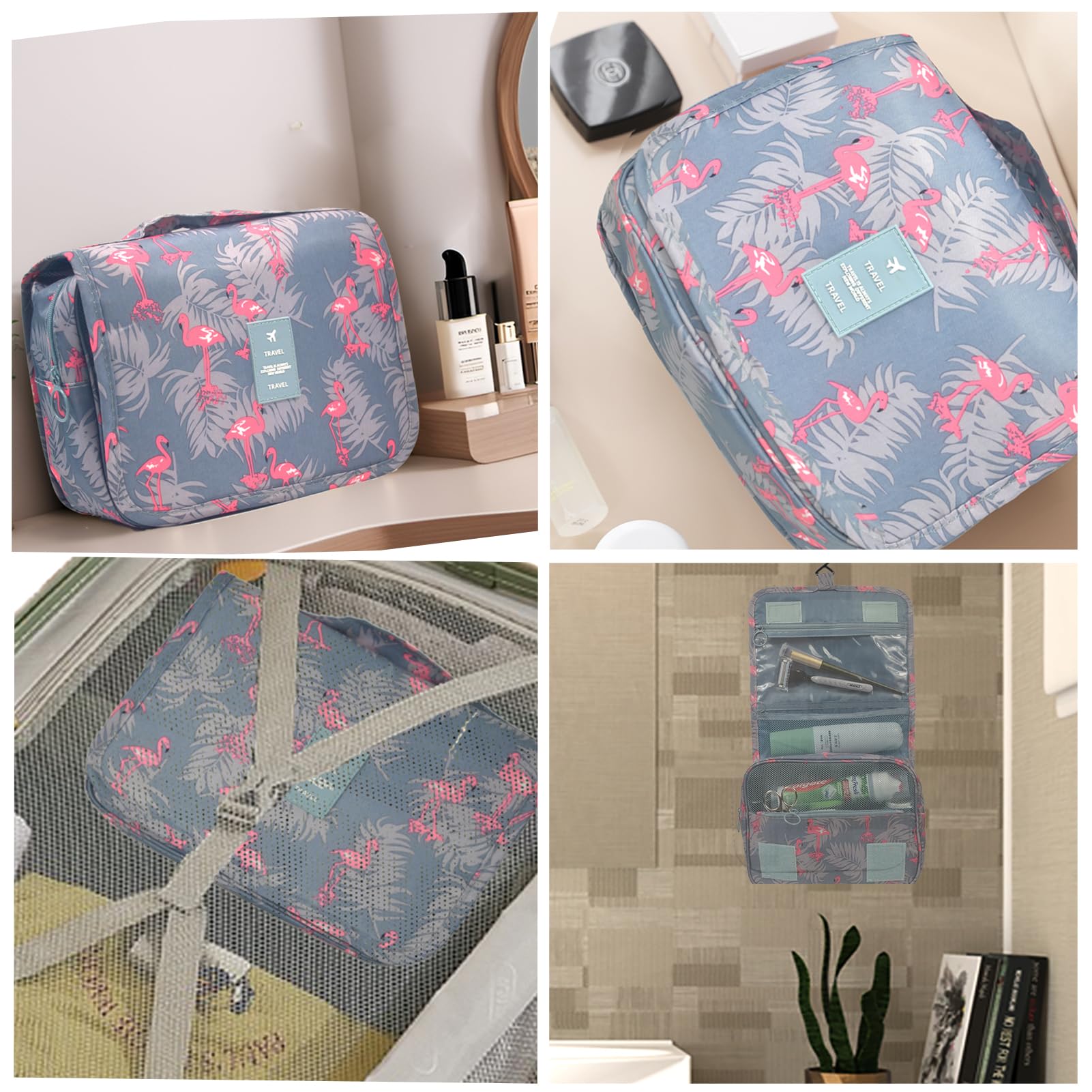 L & FY Hanging Travel Toiletry Bag Women's Cosmetic Organizer Makeup Pouch Men's Shaving Kits With Handle (Pink Flamingo)