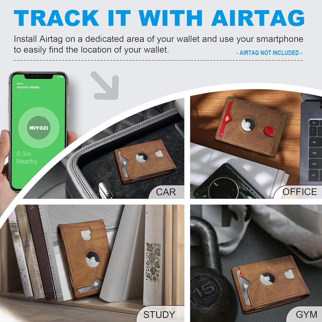 Airtag Wallet for Men,with Cash Pocket 2 ID Window 13 Cards,Slim Leather Wallet Front Pocket Card Holder RFID Blocking with Gift Box