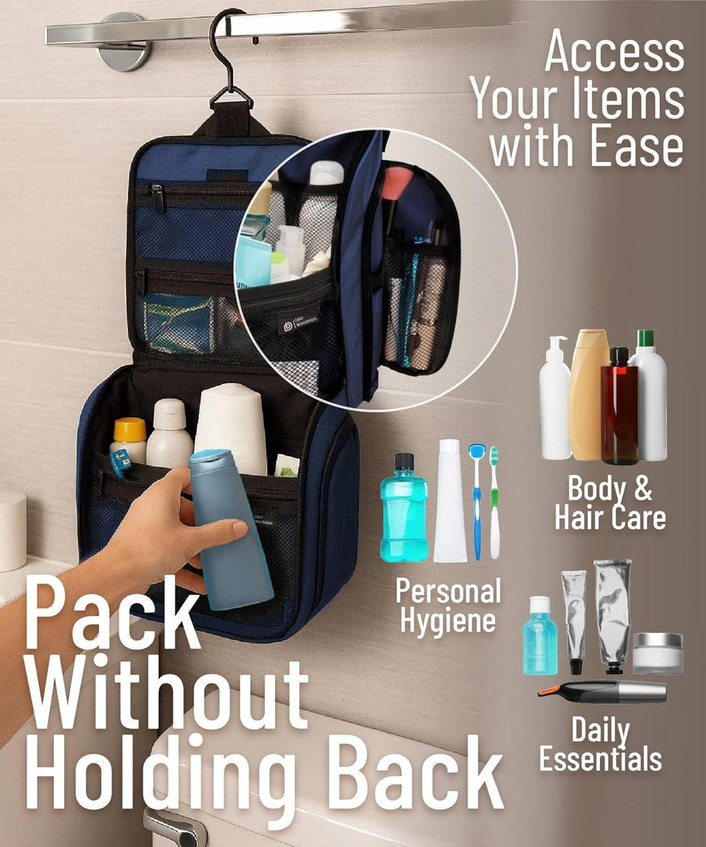 D&D Hanging Travel Toiletry Bag for Men and Women – Extra Large Hanging Shower Bag Toiletries Organizer Kit with 10 Compartments, Quality Zippers, XXL Metal Swivel Hook, Water-Resistant Nylon