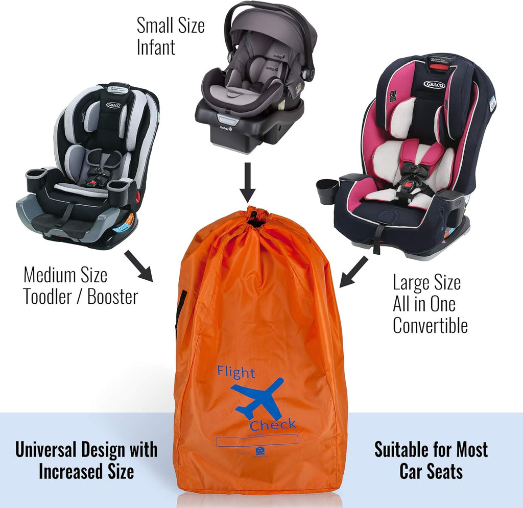 Car Seat Travel Bag and Carrier for Gate Check with Travel Pouch - Bright Orange with Blue Letters for Airport, Airplane Gate Check, Car Trips and Storage Double Backpack Straps | Carseat Bag for sto