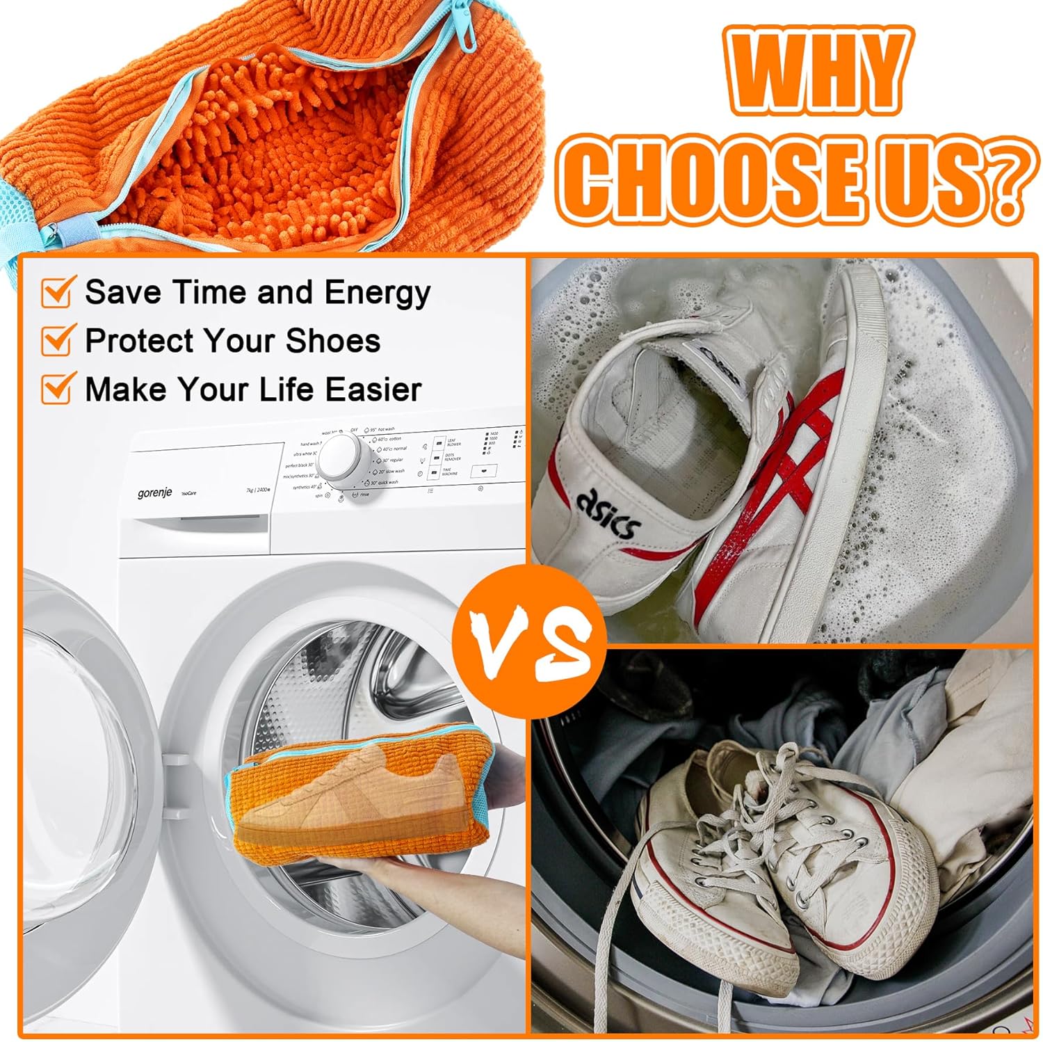 XXL Shoe Washing Machine Bag - 2-Pack Reusable Shoe Cleaning Bags, 360° Deep Clean for Sneakers, Tennis Shoes, and Slippers, Includes 2 Shoe Storage Dust Bags (Orange)