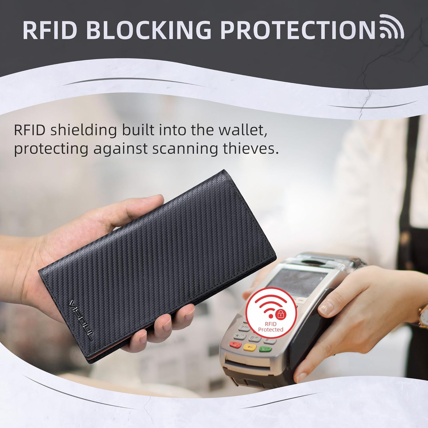 VISOUL Mens Billfold Long Checkbook Wallet Leather with RFID Blocking, Large Bifold Secretary Cash Wallet Tall with 12 Card Slots for Men (Black+Orange)