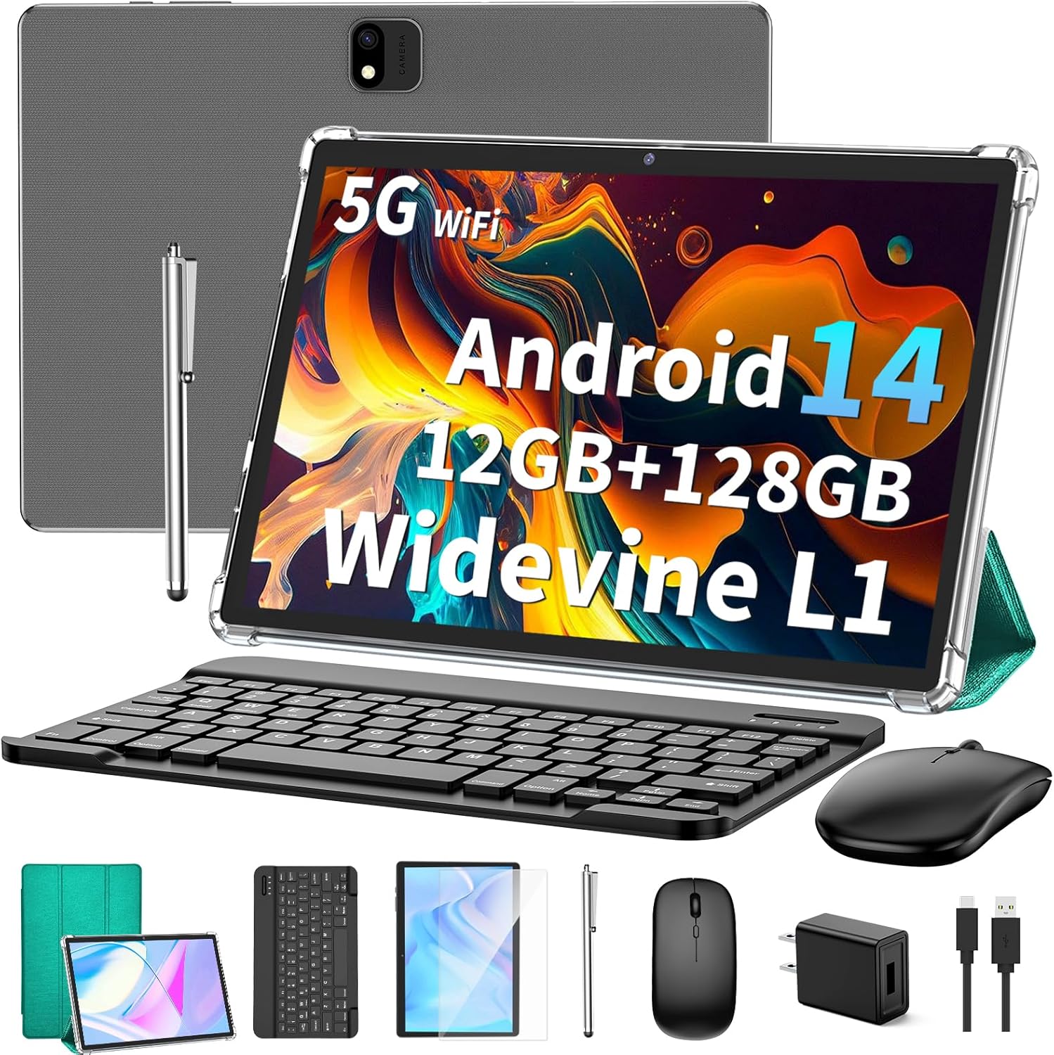 Android 14 Tablet with Keyboard, 12GB RAM (6+6), 128GB Storage, 1TB Expandable, 8000mAh Battery, 10 Inch 2-in-1 Tablets, Includes Case, Mouse & Stylus（Green）