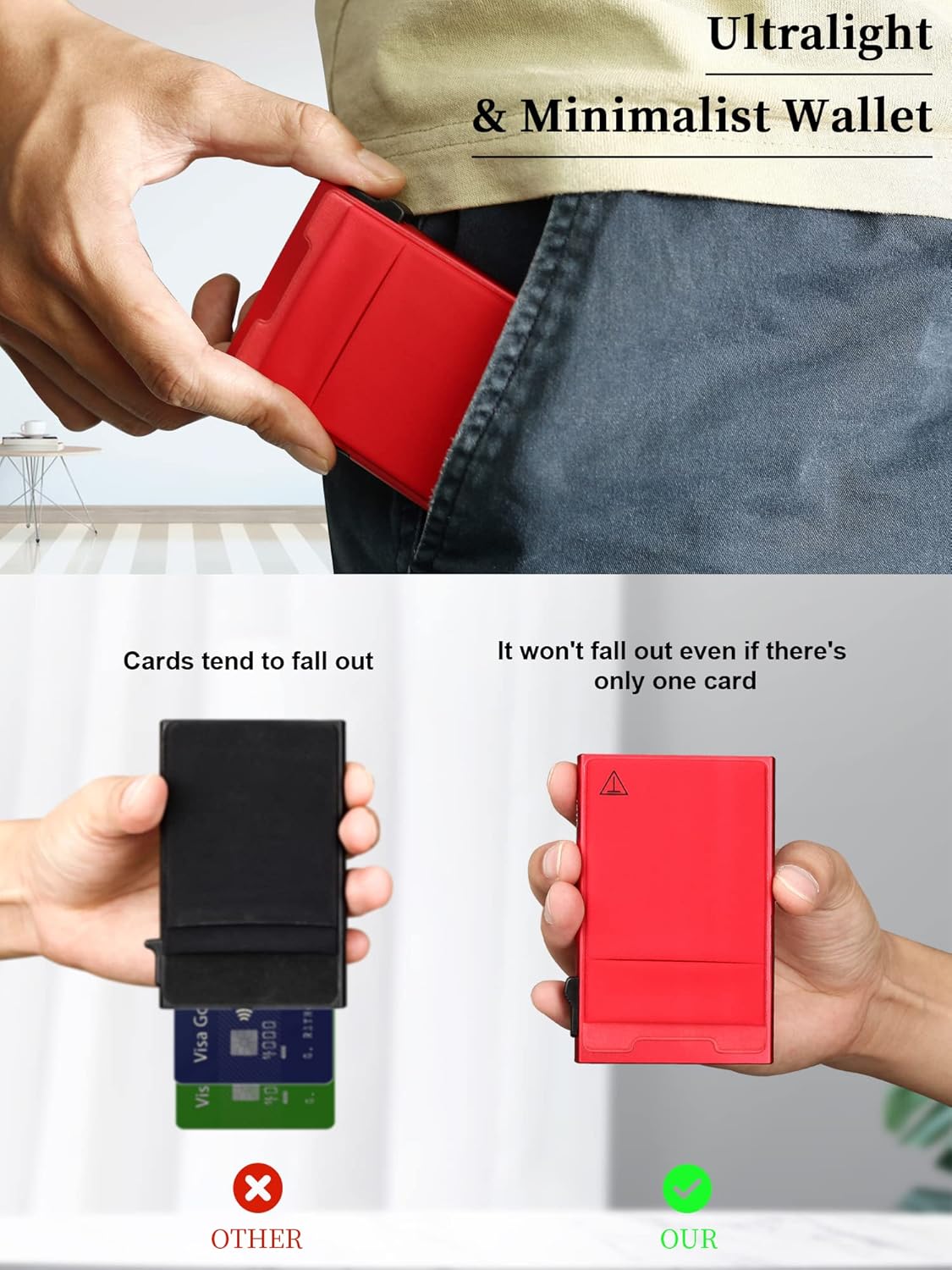 Minimalist Metal wallet,RFID Blocking Smart Pop Up Card Wallet 6-12 Cards Holder Slim Compact Front Pocket Wallets with Elastic Coin Pocket for Men and Women,Red