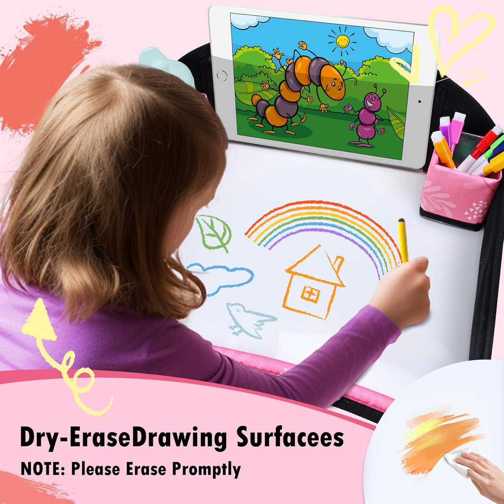 Kids Travel Tray, Travel Tray for Kids Car Seat, Toddler Car Seat Lap Tray, Carseat Tray for Kids Travel, Carseat Table Tray for Kids Travel Activities (Light Pink)
