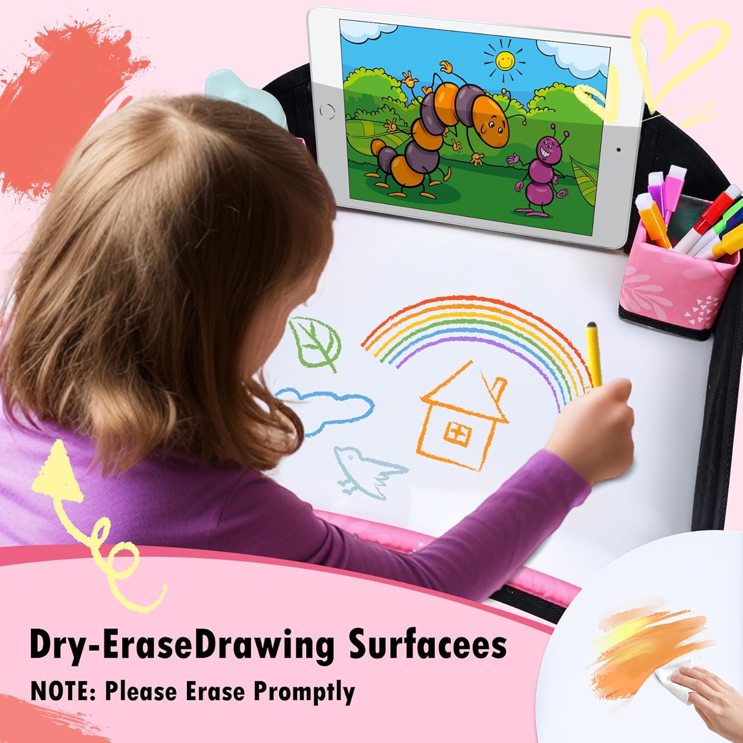 Kids Travel Tray, Travel Tray for Kids Car Seat, Toddler Car Seat Lap Tray, Carseat Tray for Kids Travel, Carseat Table Tray for Kids Travel Activities (Light Pink)