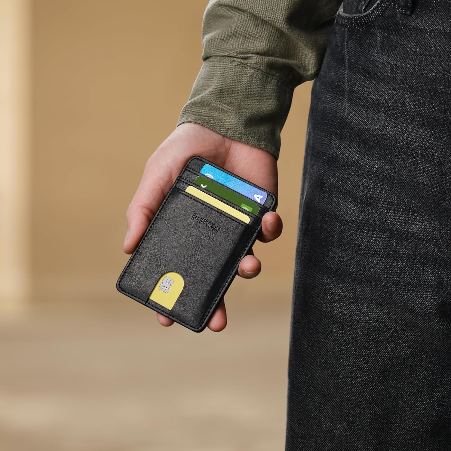 Buffway Mens Slim Wallet, Minimalist Thin Front Pocket Leather Credit Card Holder with RFID Blocking for Work Travel
