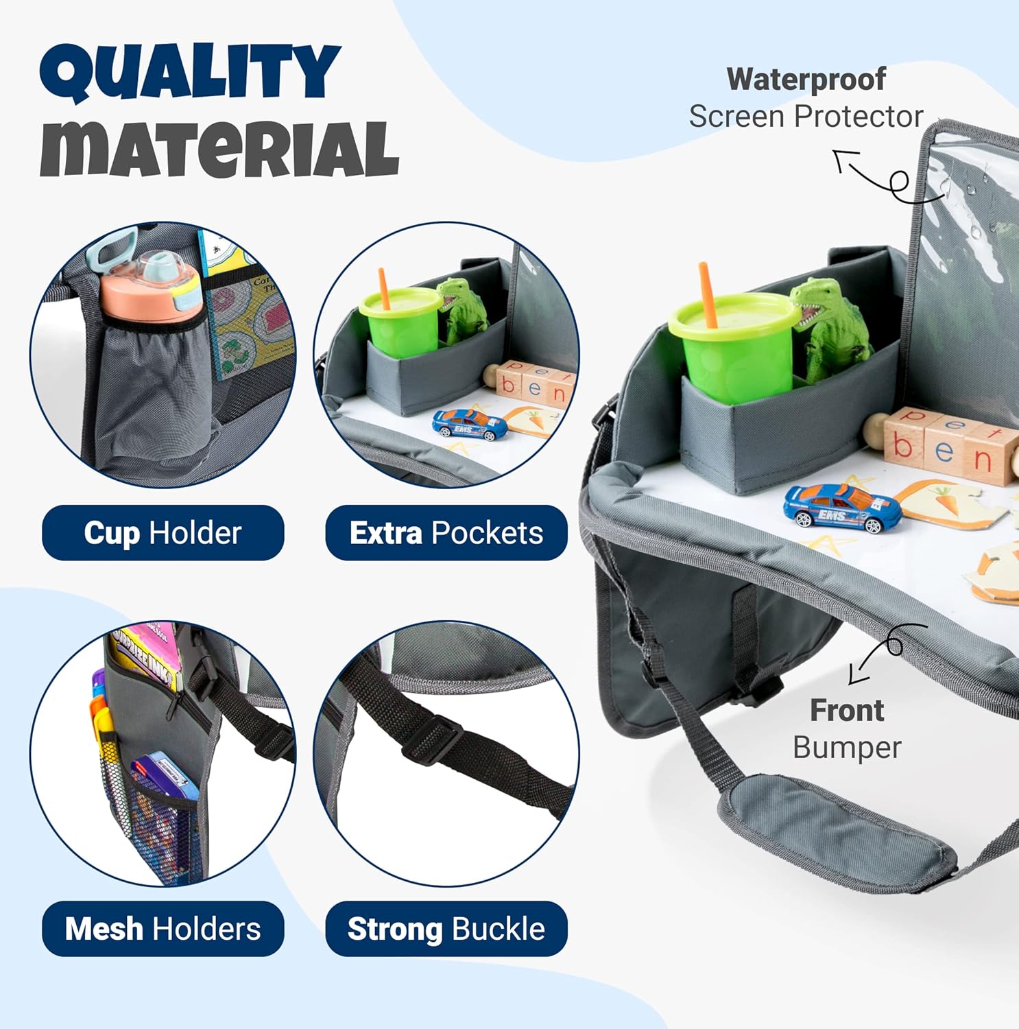 Kids Travel Tray with Dry Erase Board, Travel Tray for Kids Car Seat, Carseat Table Trays for Toddler, Kid Activity Desk for Air Travel, No-Drop Tablet Holder & Borders (All Grey)