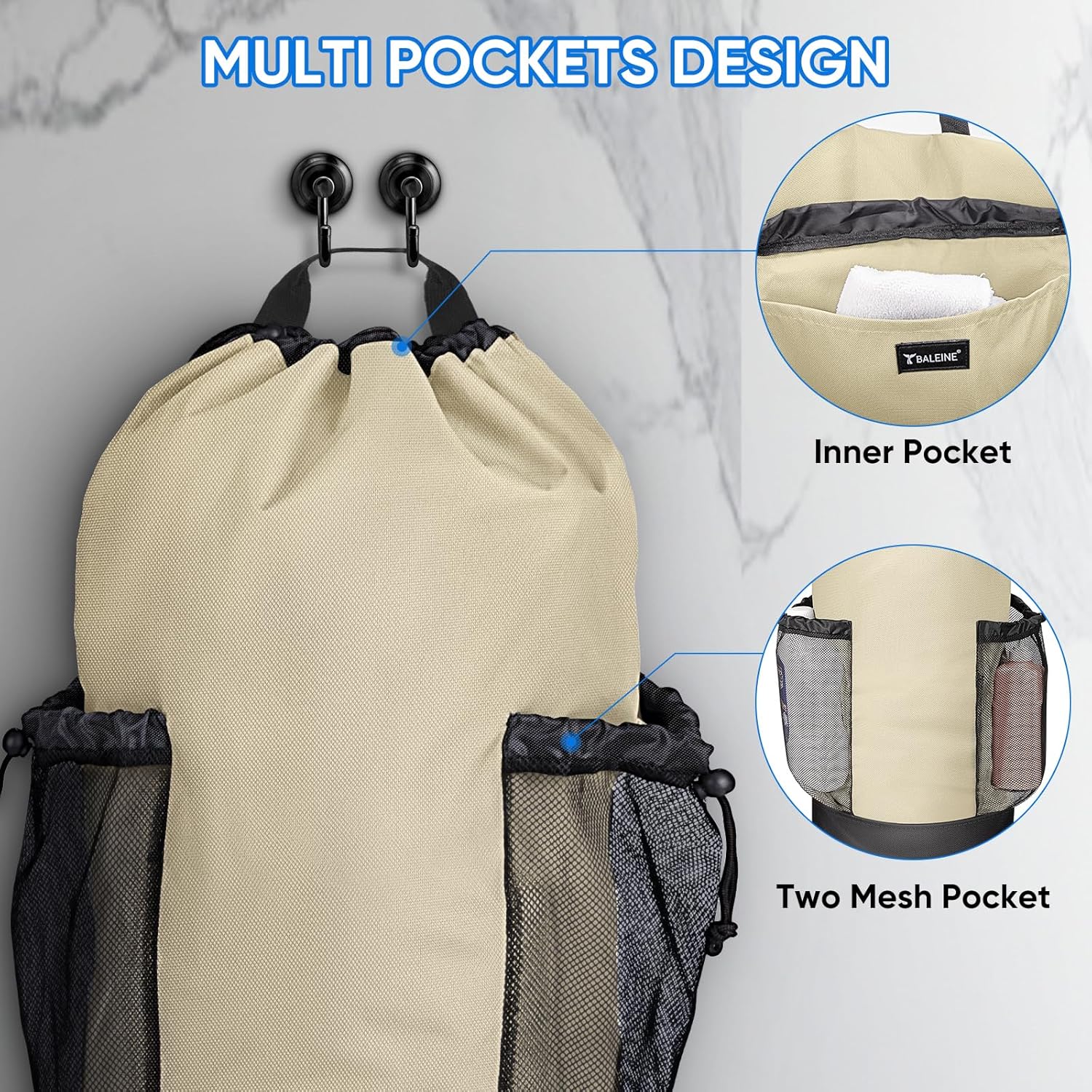 BALEINE 120L Laundry Bag Backpack, 900D Oxford Fabric Large Travel Laundry Bags with Shoulder Straps and 2 Mesh Pockets for College Dorm, Apartment, Laundromat (Beige, 120L)