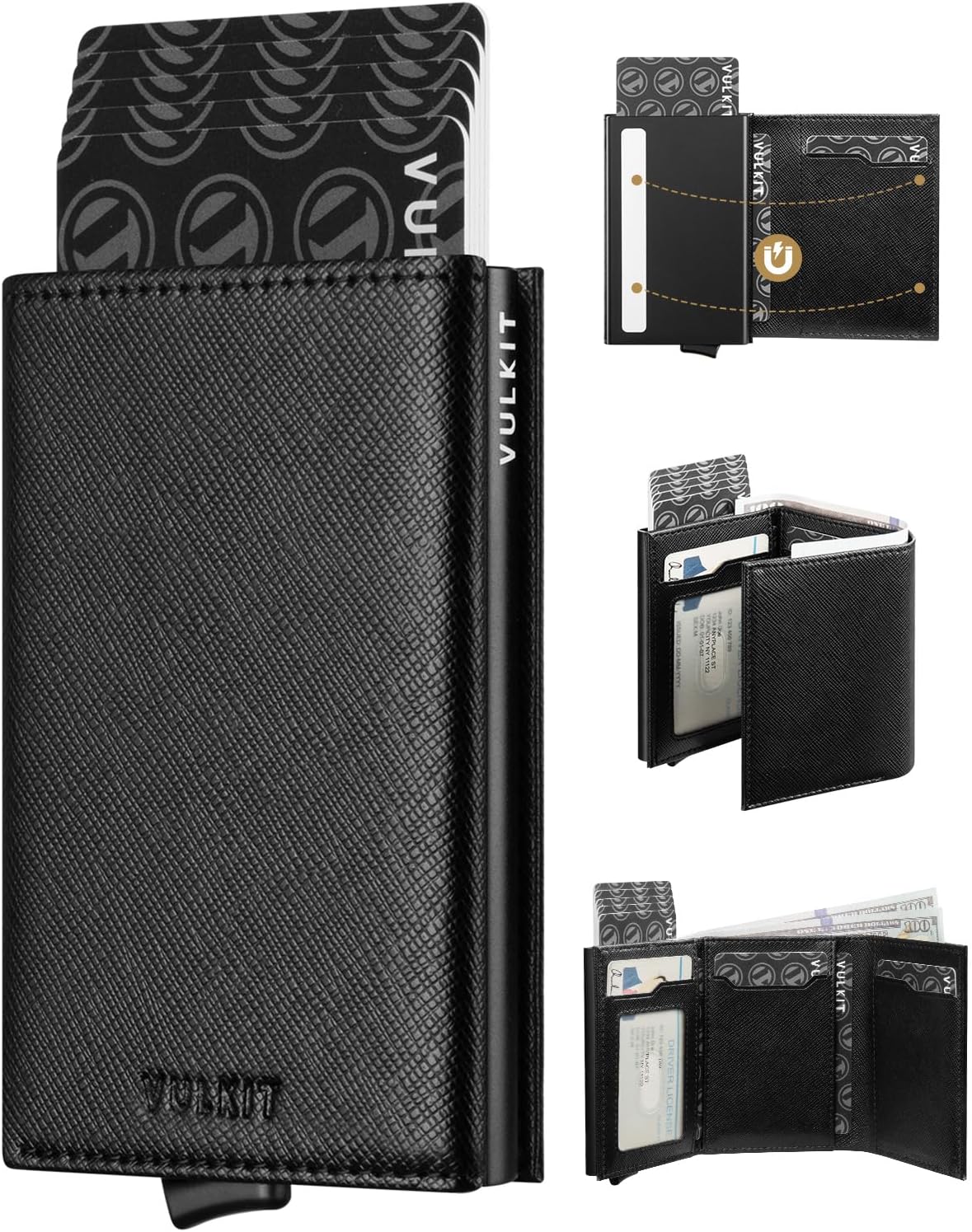 VULKIT Pop up Card Wallet Minimalist Cash Wallets RFID Blocking Leather Smart Credit Card Holder with ID window for Men(Cross Black)