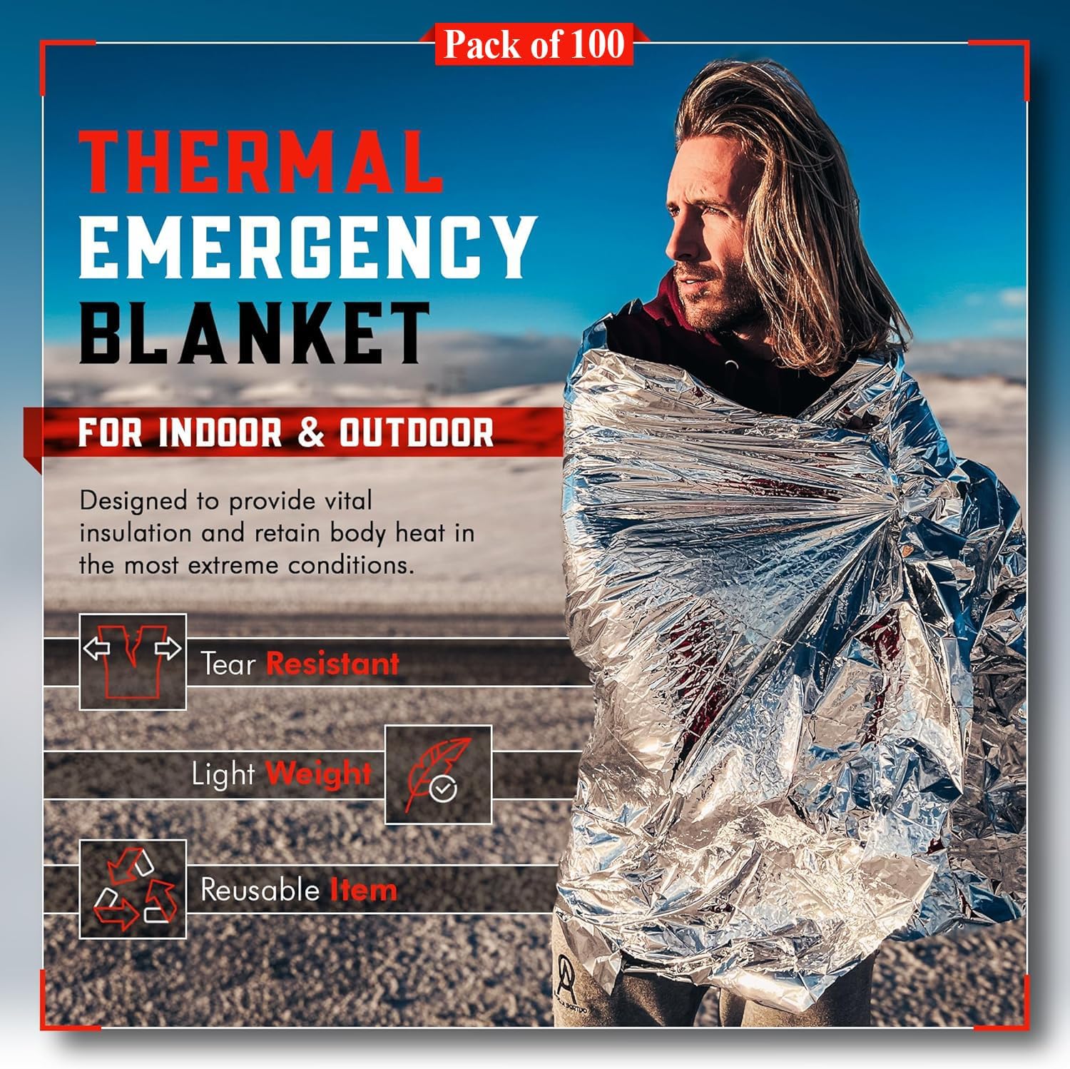 Mart Cobra Emergency Blanket 100-Pack | Reflective Thermal Blanket | Survival Gear | Lightweight Mylar Blankets | Retains 90% Body Heat | Essential for Camping, First Aid, Homeless Care Package Bulk