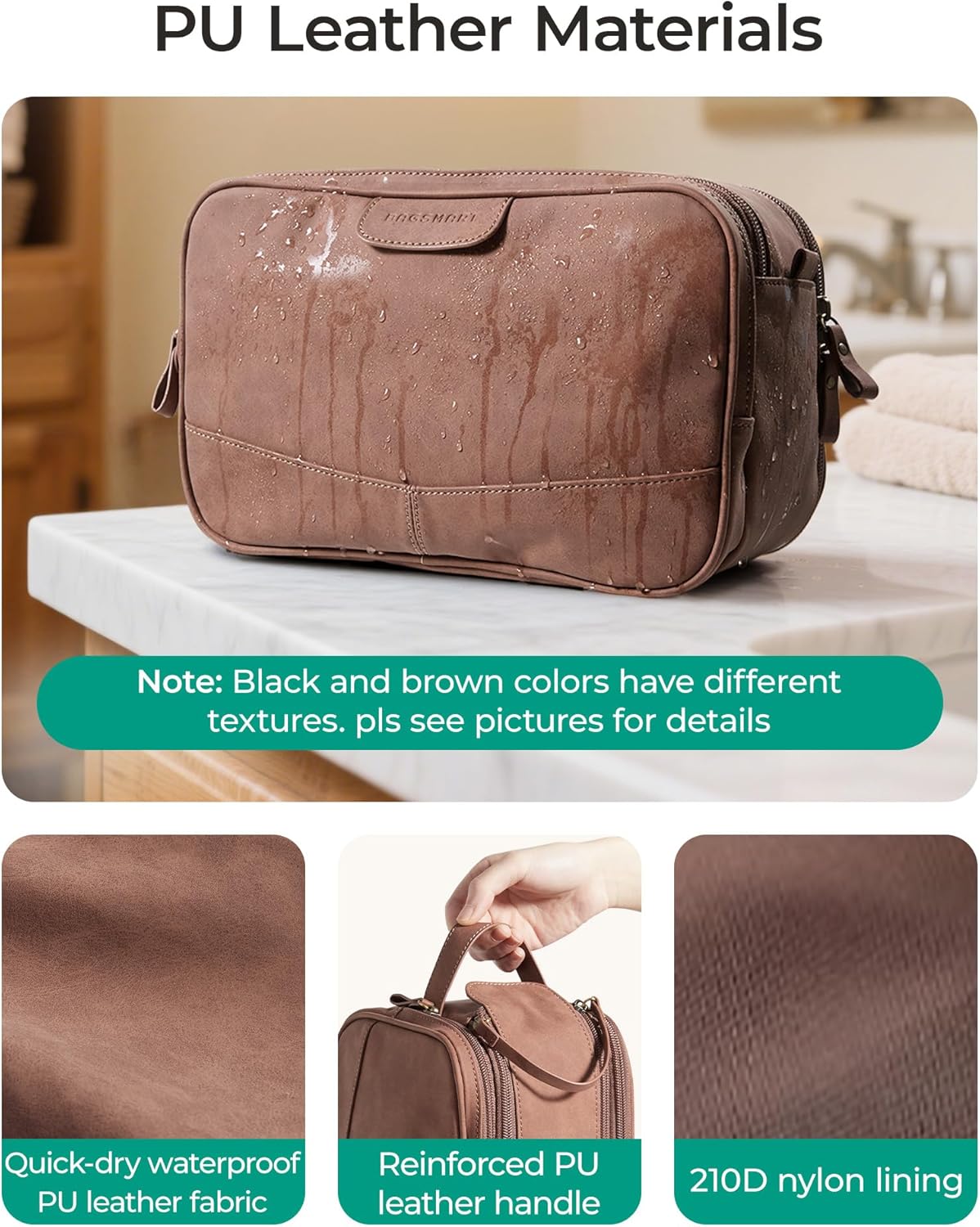 BAGSMART Toiletry Bag for Men, PU Leather Travel Bag for Toiletries, Dopp Kit Water Resistant Shaving Bag for Bathroom Shower-Dark Brown