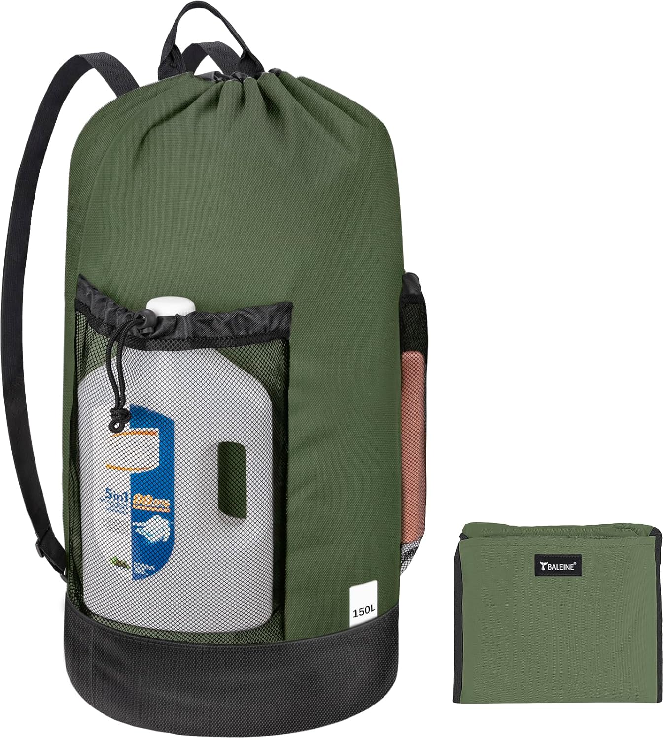 BALEINE 150L Laundry Bag Backpack, 900D Oxford Fabric Large Travel Laundry Bags with Shoulder Straps and 2 Mesh Pockets for College Dorm, Apartment, Laundromat (Green, 150L)