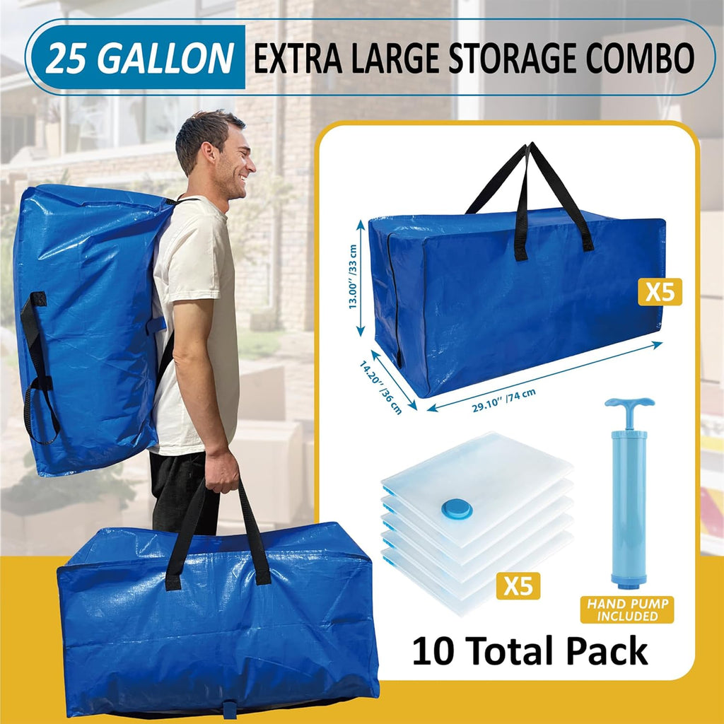 10 Pack Heavy Duty Extra Large Moving Bags with Backpack Straps & Vacuum Storage Supply Combo, Totes Handles Zippers for Space Saving, Fold Flat, Includes Bags, Blue, (HEV10)