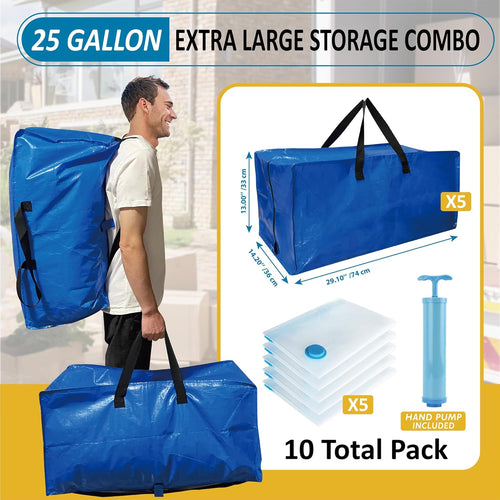 10 Pack Heavy Duty Extra Large Moving Bags with Backpack Straps & Vacuum Storage Supply Combo, Totes Handles Zippers for Space Saving, Fold Flat, Includes Bags, Blue, (HEV10)