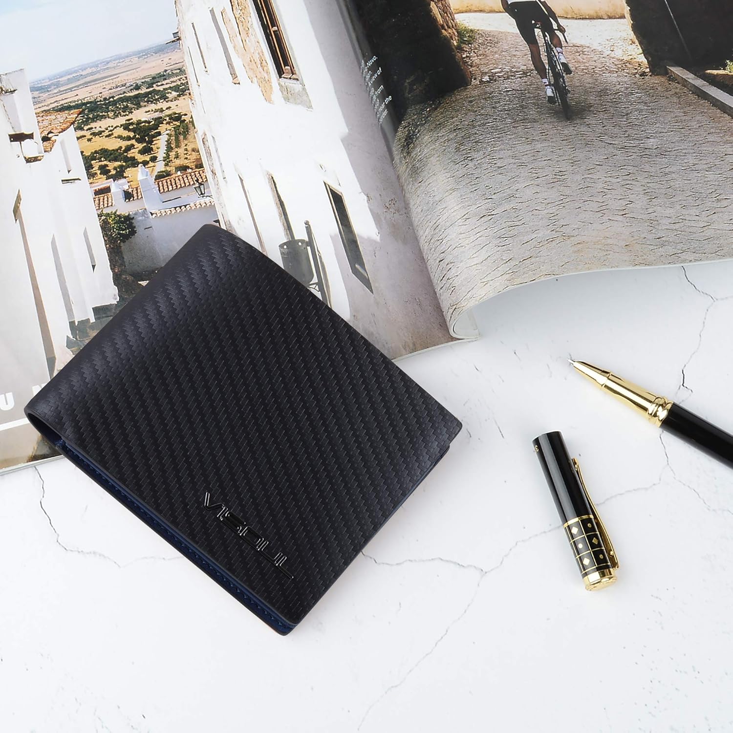 VISOUL Leather Mens Bifold RFID Blocking Wallet with 2 ID Windows, Leather Wallet for Men (Carbon Fiber, Black+Blue)