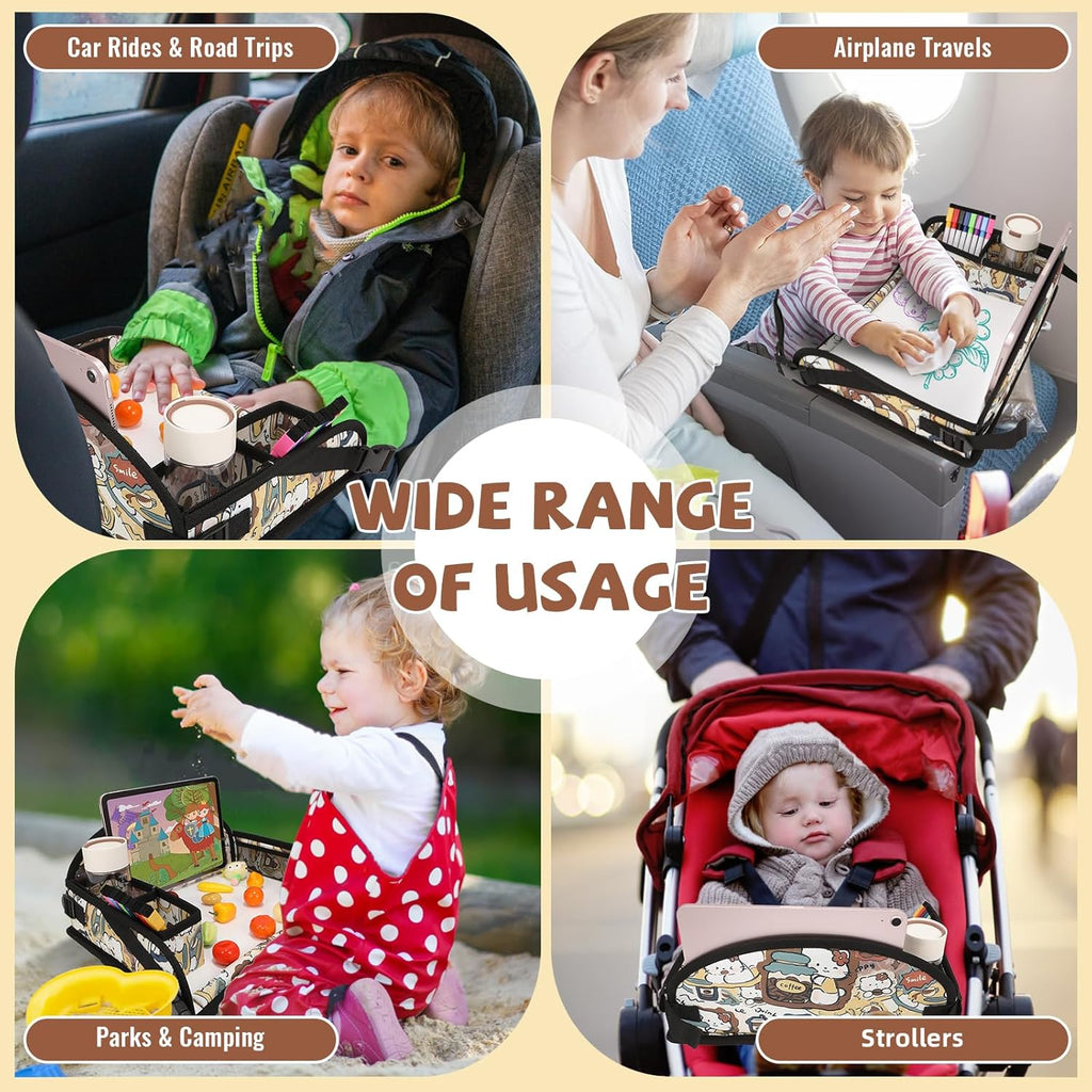 Kids Travel Tray for Airplane - Toddler Car Seat Table Tray, Road Trip Essentials for Boys & Girls, Carseat Lap Desk for Kids Road Trip Activities, Cute Kitten