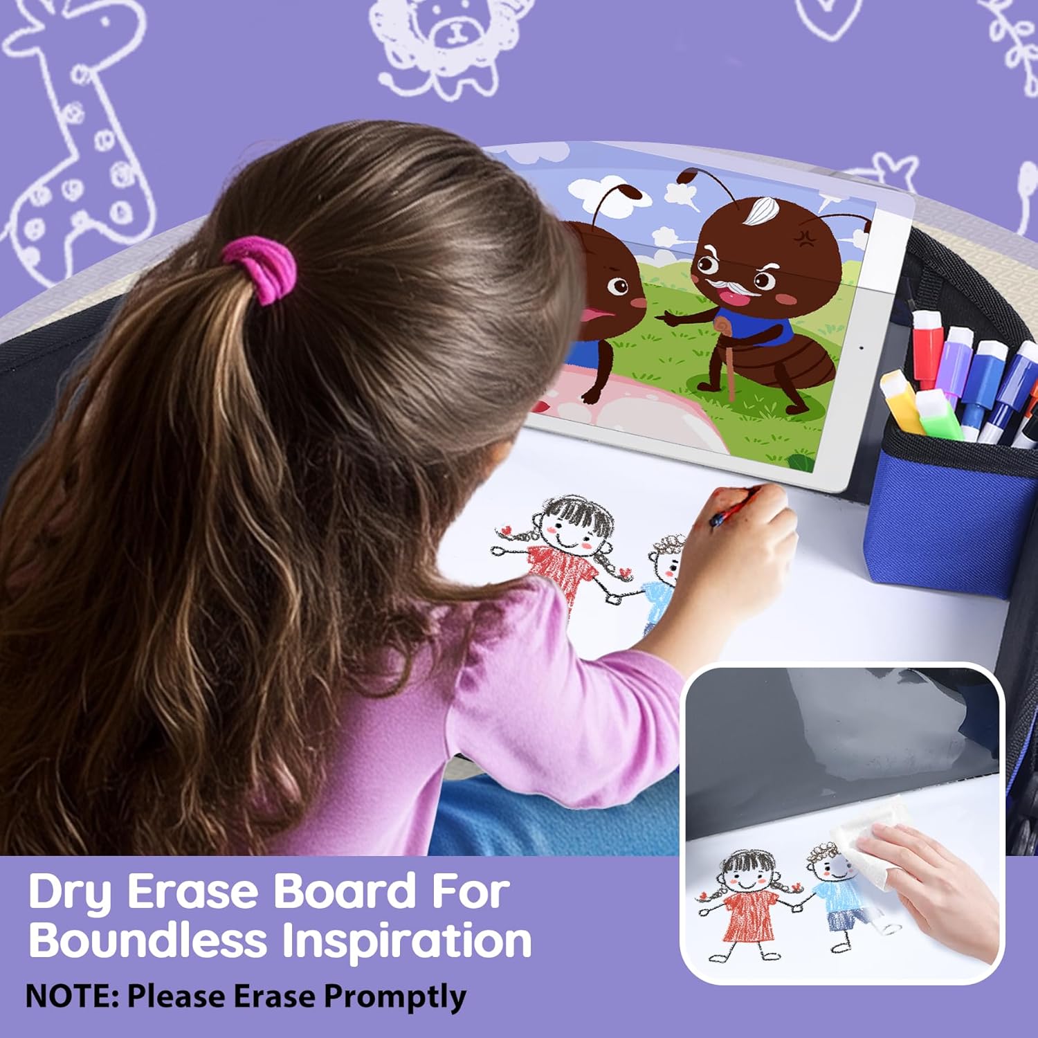 Kids Travel Tray, Kids Travel Trays for Car Seat, Road Trip Essentials for Toddler, Carseat Lap Tray with Dry Erase Board & Storage Organizer for Road Trip Activities for Kid, Blue