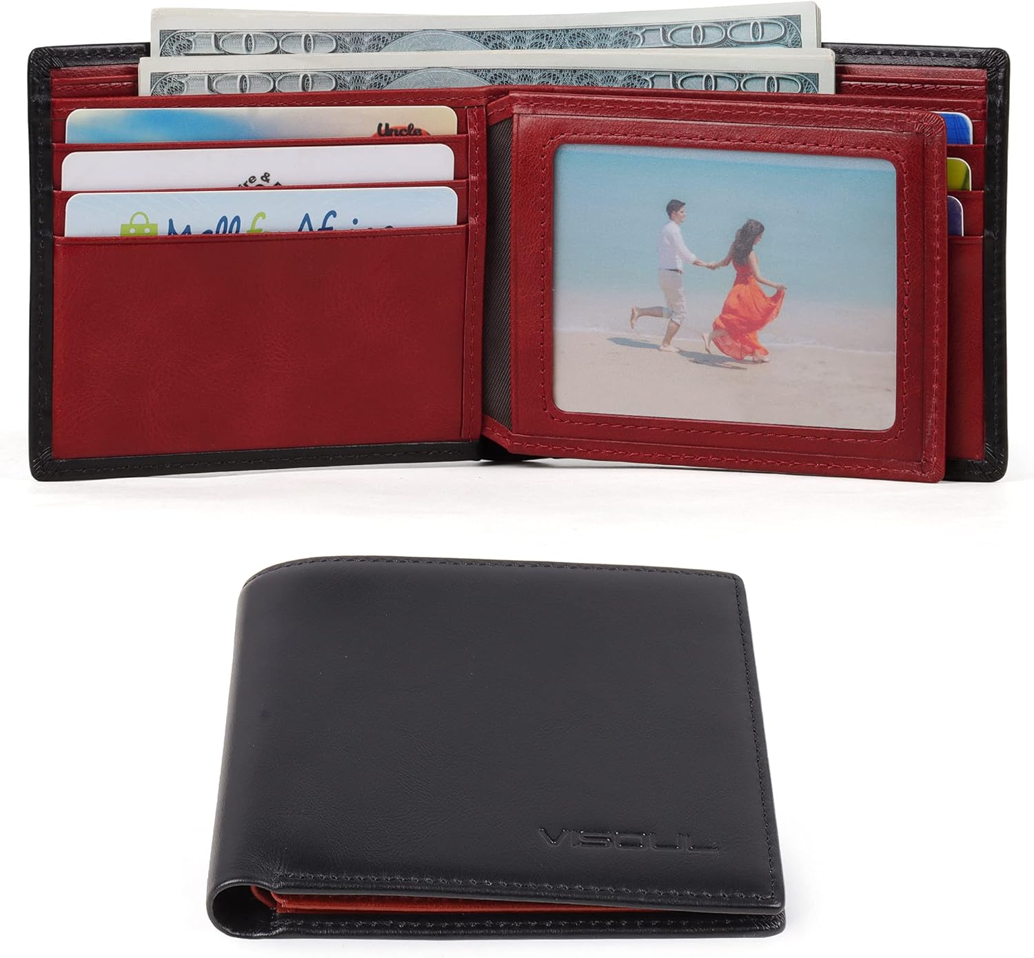 VISOUL Mens Bifold Wallet with 2 ID Windows and 2 Money Compartments, Genuine Leather Designer Wallet with RFID Blocking for Men Two Tone (Black and Burgundy)