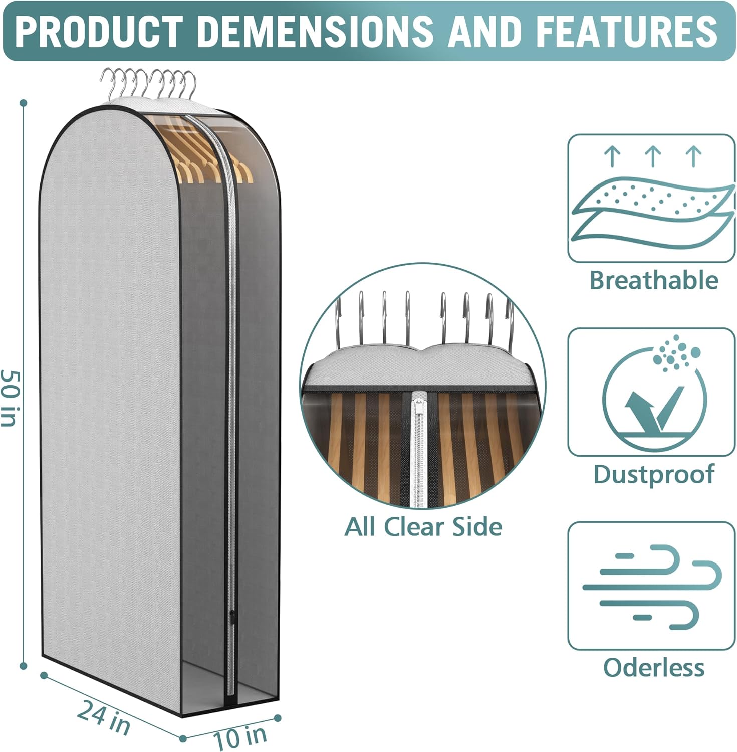 10" Gusseted Garment Bags for Hanging Clothes 50" Suit Bags for Open Closet Storage, Side Clear Clothing Cover for Coat, Dress, Jacket, Shirt, Fur Wardrobe Protector, 3 Packs, Grey