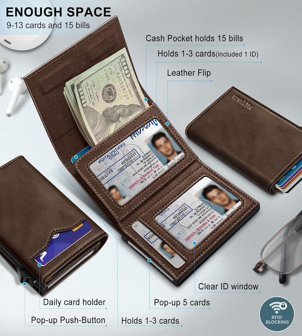 Wallet for Men,with Cash Pocket 2 ID Window 9-13 Cards,Metal Case Smart Slim Pop Up Credit Card Holder Flip with Magnetic Closure RFID Blocking Trifold wallet with Gift Box