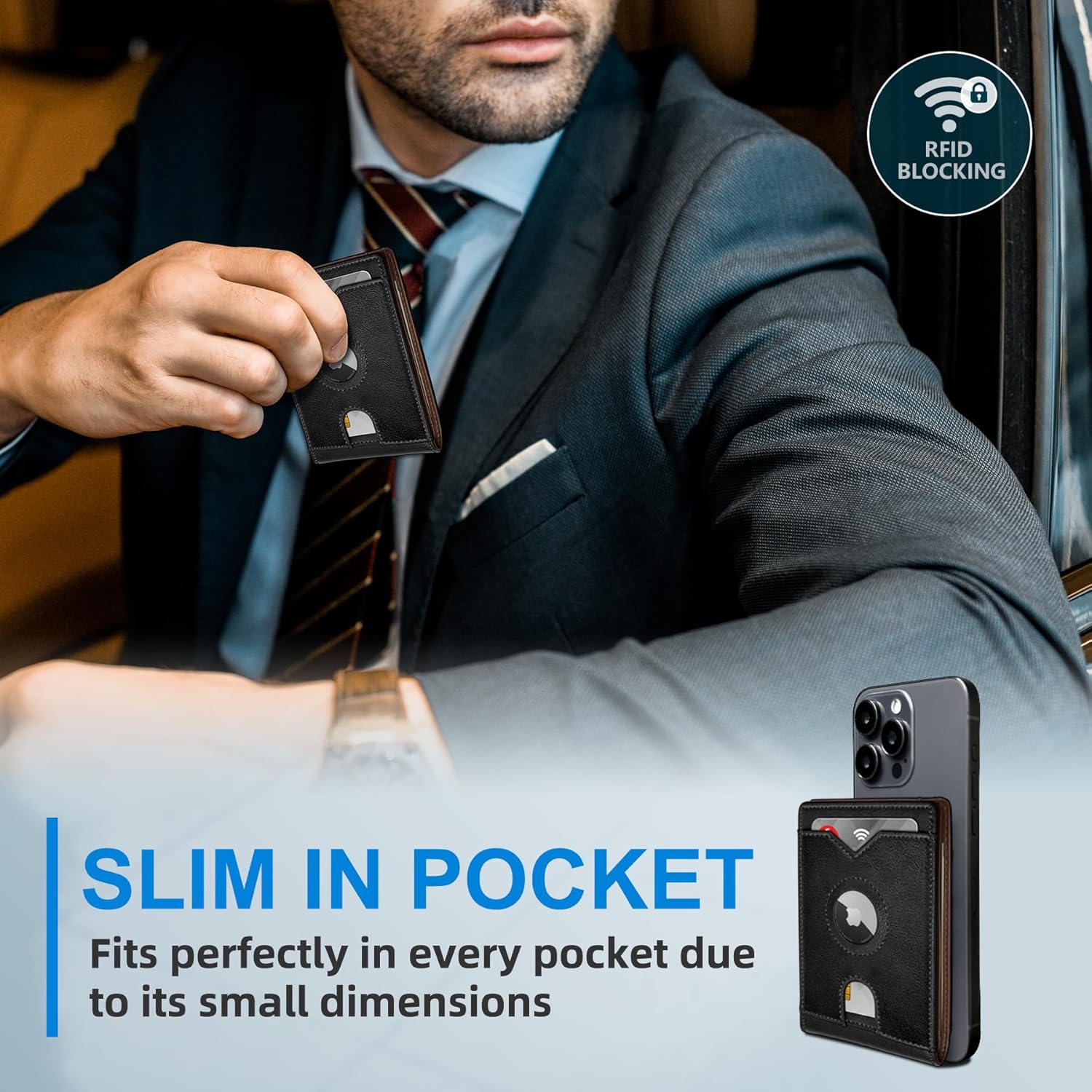 Airtag Wallet for Men,with Cash Pocket 2 ID Window 13 Cards,Slim Leather Wallet Front Pocket Card Holder RFID Blocking with Gift Box