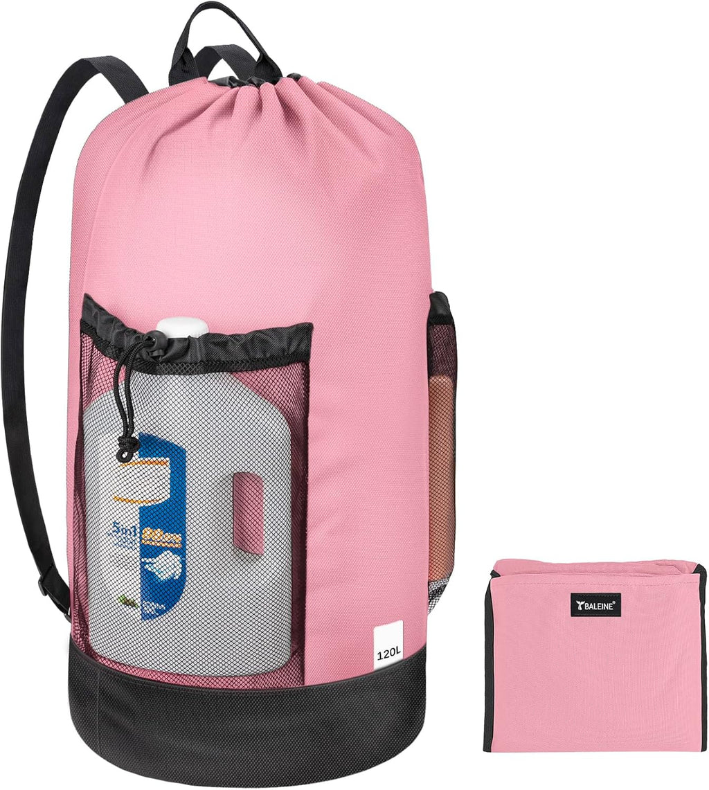 BALEINE 120L Laundry Bag Backpack, 900D Oxford Fabric Large Travel Laundry Bags with Shoulder Straps and 2 Mesh Pockets for College Dorm, Apartment, Laundromat (Pink, 120L)