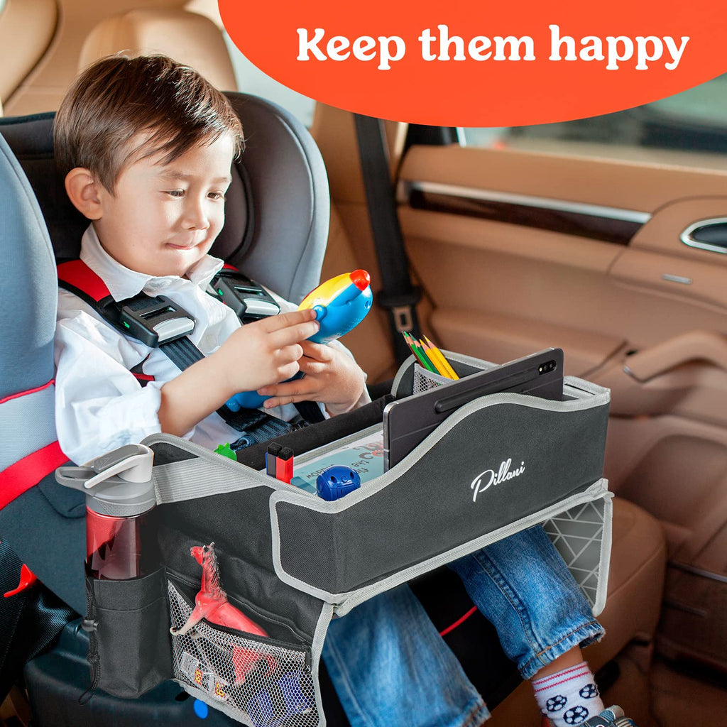 PILLANI Kids Travel Tray for Car - Car Seat Tray for Kids, Roadtrip Essentials, Carseat Table Tray for Kids Road Trip Activities - Toddler Lap Desk Organizer for Airplane
