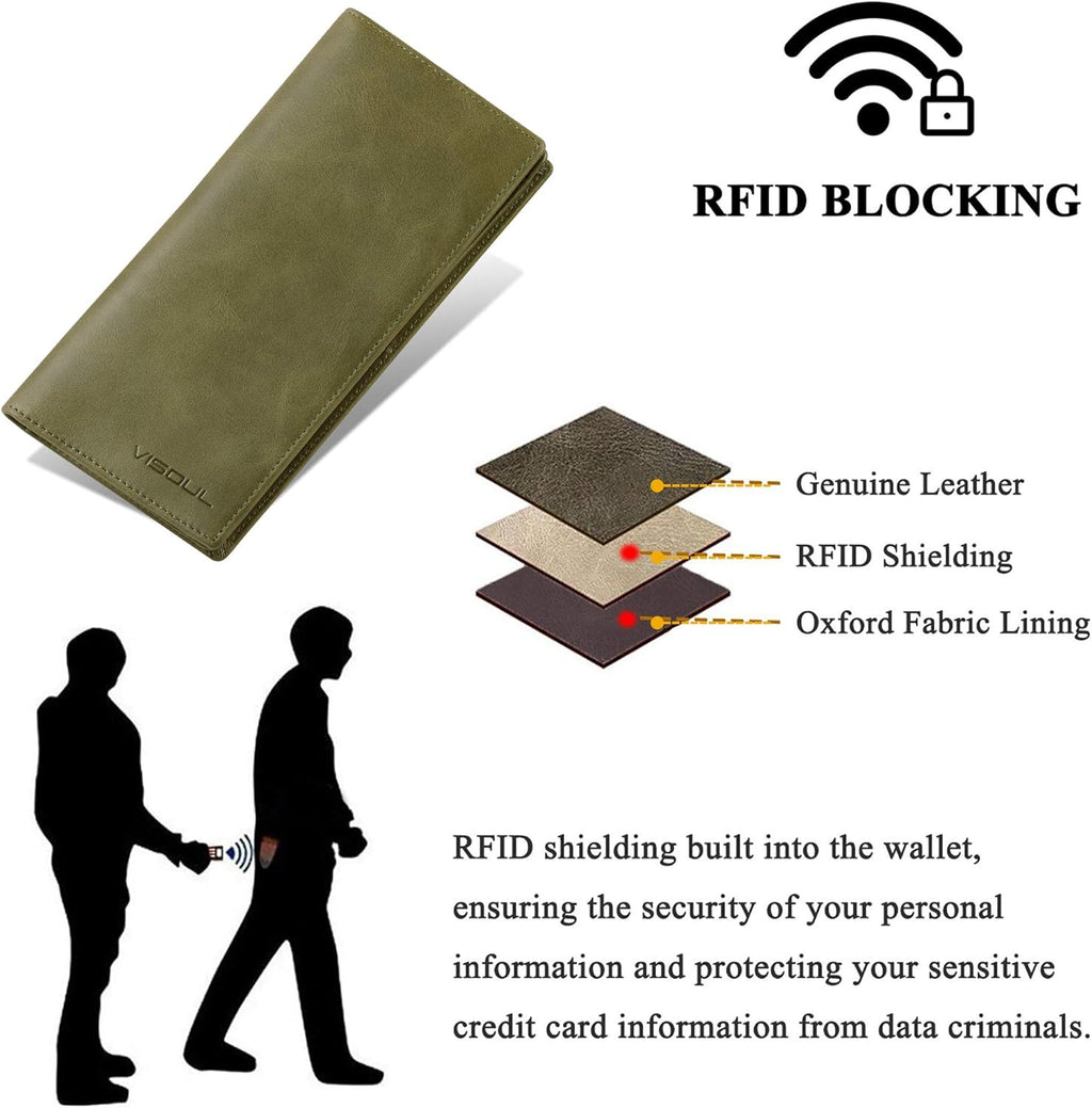 VISOUL Mens Long Bifold Checkbook Wallets Genuine Leather, Tall Checkbook RFID Wallets with Multi Card Pocket for Men (Olive Green)