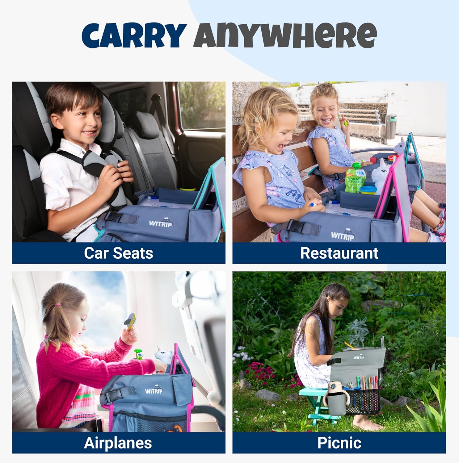 Kids Travel Tray with Dry Erase Board, Travel Tray for Kids Car Seat, Carseat Table Trays for Toddler, Kid Activity Desk for Air Travel, No-Drop Tablet Holder & Borders (All Grey)