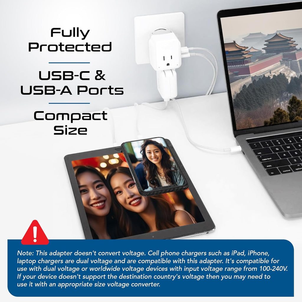 Ceptics China, Malaysia Power Adapter Travel Set, 20W PD & QC, Safe Dual USB & USB-C 3.1A–2 USA Outlet - Compact-Use in Hong Kong, Kuwait, Singapore, Iraq - Includes Type G, I, C SWadAPt Attachments