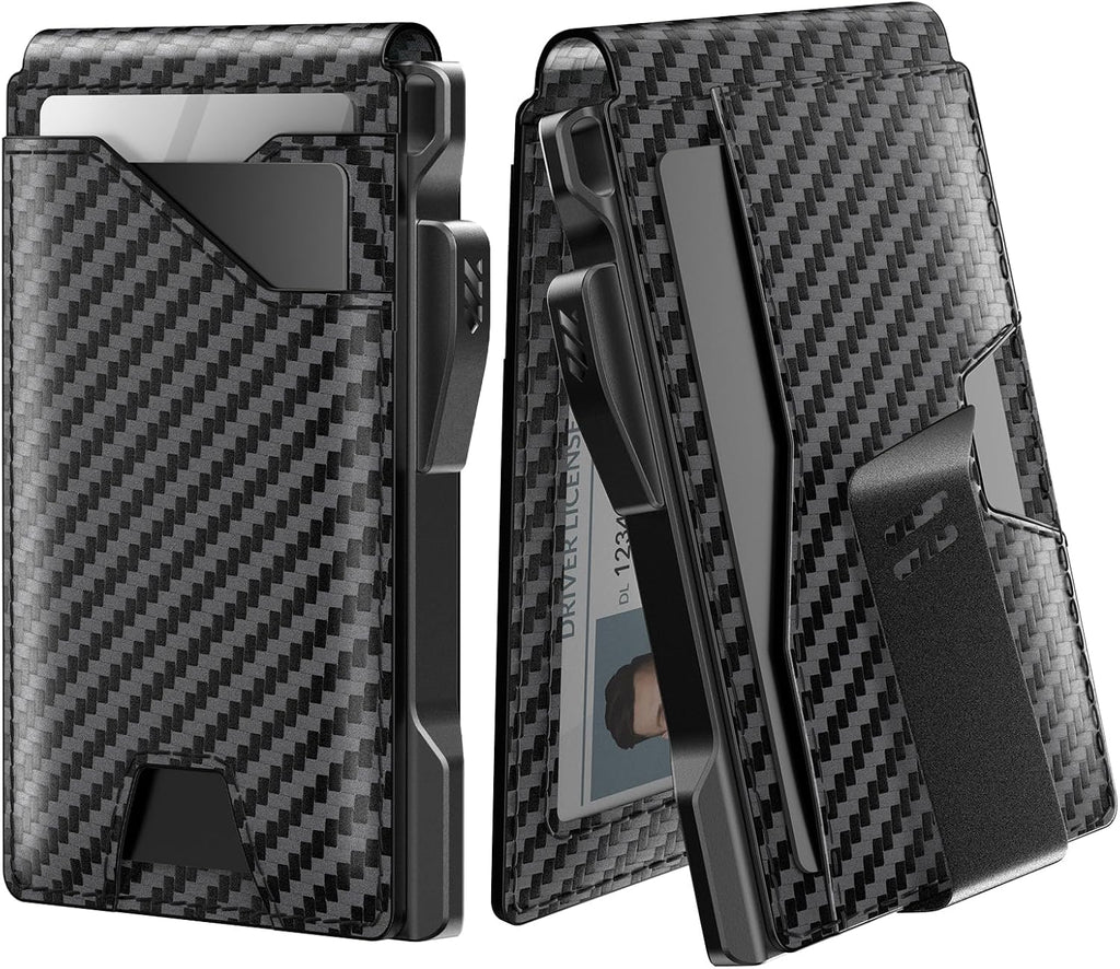 typecase Tactical Wallet for Men Card Holder: Pop Up Card Case, Genuine Leather, Smart, RFID Blocking, Slim, Minimalist, Thin, Front Pocket - 9-13 Card Capacitiy, ID Window, Money Clip (Carbon Fiber)