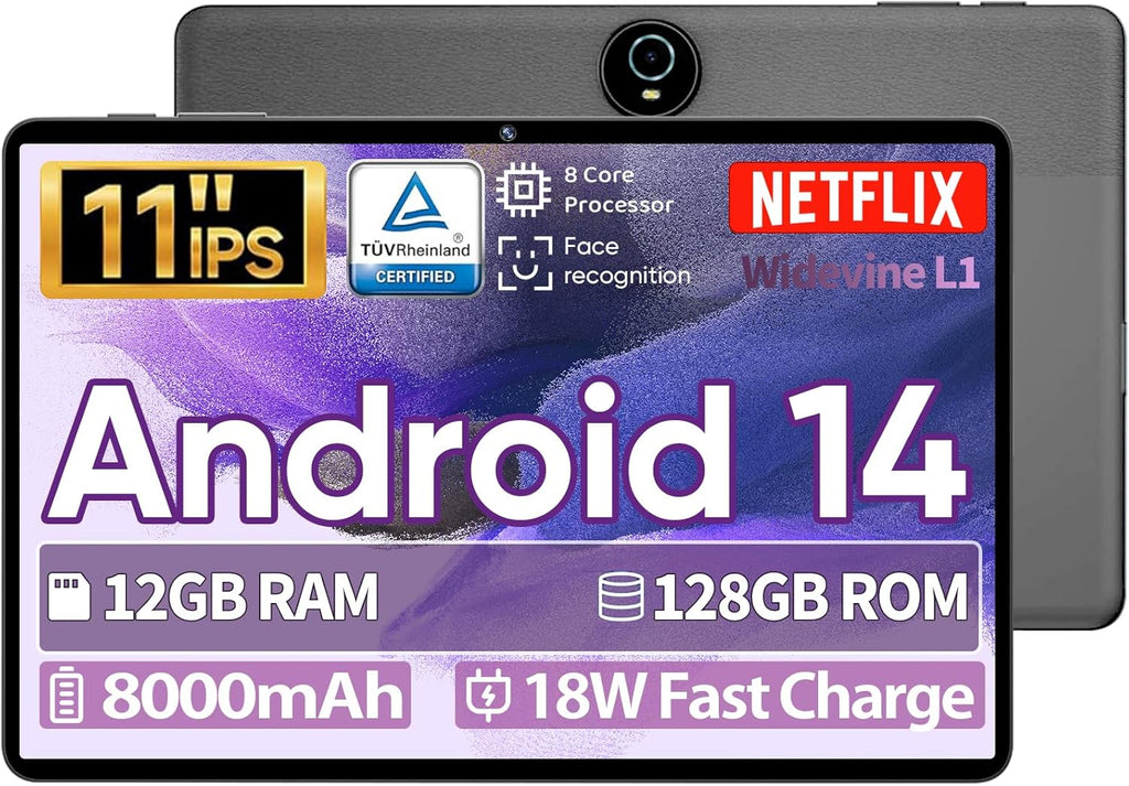 11" Tablet, Android 14 with Octa-core Processor, 12GB+128GB, 1TB Expandtion, 8000mAh Battery, IPS Large Display, BT5.0, 2.4G/5GHz WiFi Tablets (Black)