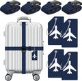 Weewooday 8 Pcs Luggage Straps Suitcase Tags Set for TSA Approved, 4 Travel Adjustable Suitcase Belt, 4 Silicone Luggage Tags with Name ID Card Travel Accessories(Dark Blue,Airplane)