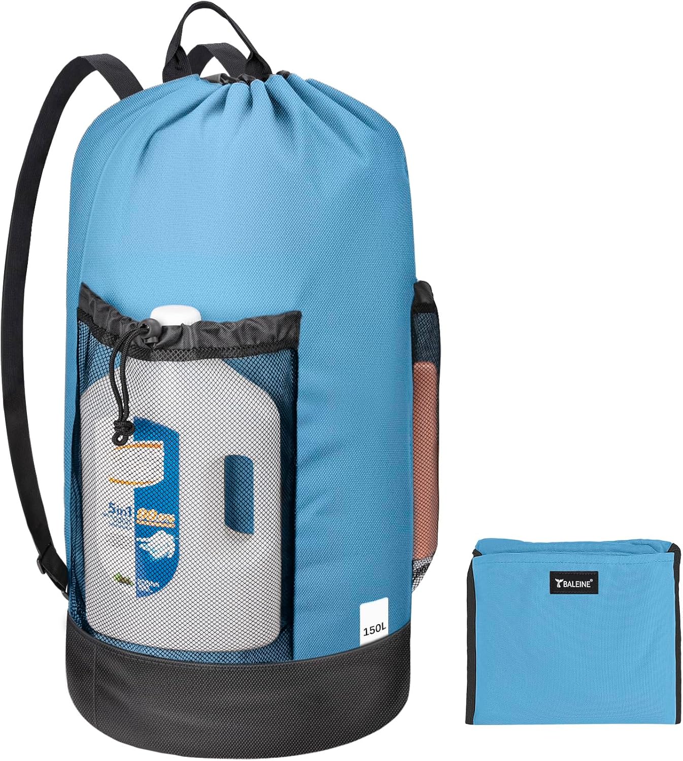 BALEINE 150L Laundry Bag Backpack, 900D Oxford Fabric Large Travel Laundry Bags with Shoulder Straps and 2 Mesh Pockets for College Dorm, Apartment, Laundromat (Blue, 150L)