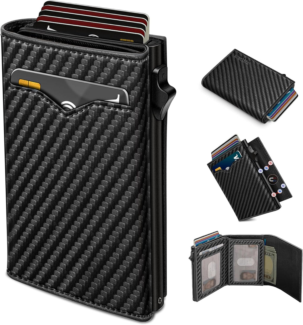 Wallet for Men,with Cash Pocket 2 ID Window 9-13 Cards,Metal Case Smart Slim Pop Up Credit Card Holder Flip with Magnetic Closure RFID Blocking Trifold wallet with Gift Box