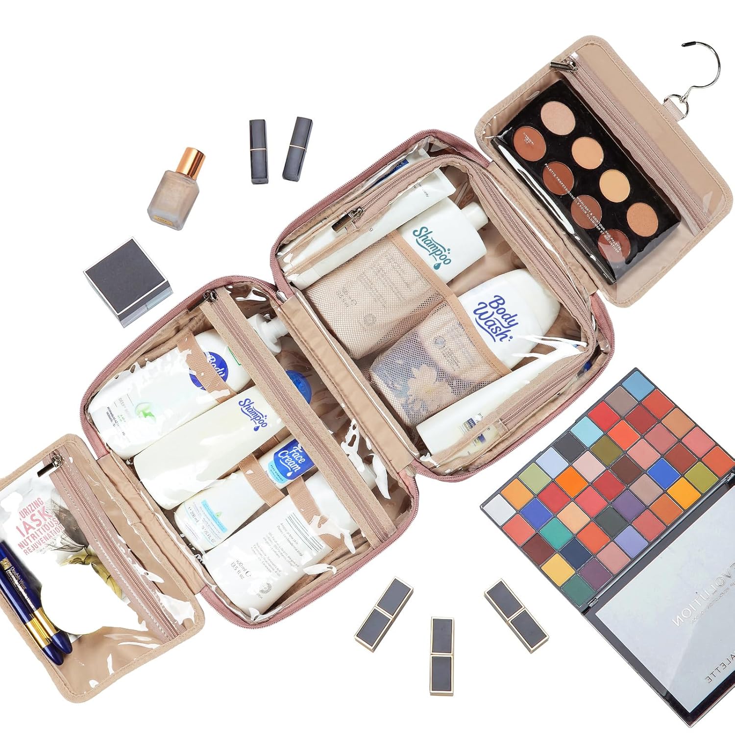 NISHEL Travel Toiletry Bag for Women Large Capacity, Makeup Essentials Organizer, Hanging Case for Accessories, Cosmetics, Rosewood-Pink