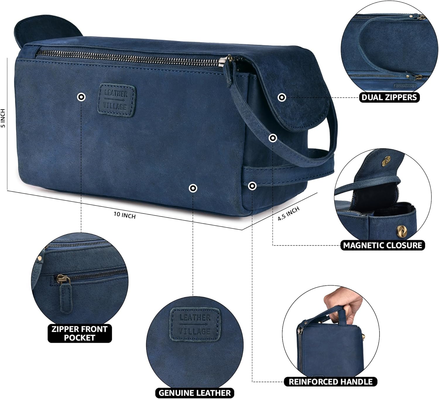 LEATHER VILLAGE Premium Leather Travel Toiletry Bag - Unisex Water-Resistant Travel Dopp Kit, Shaving & Cosmetic Organizer for Men & Women - Compact Bathroom Essentials - Royal Blue