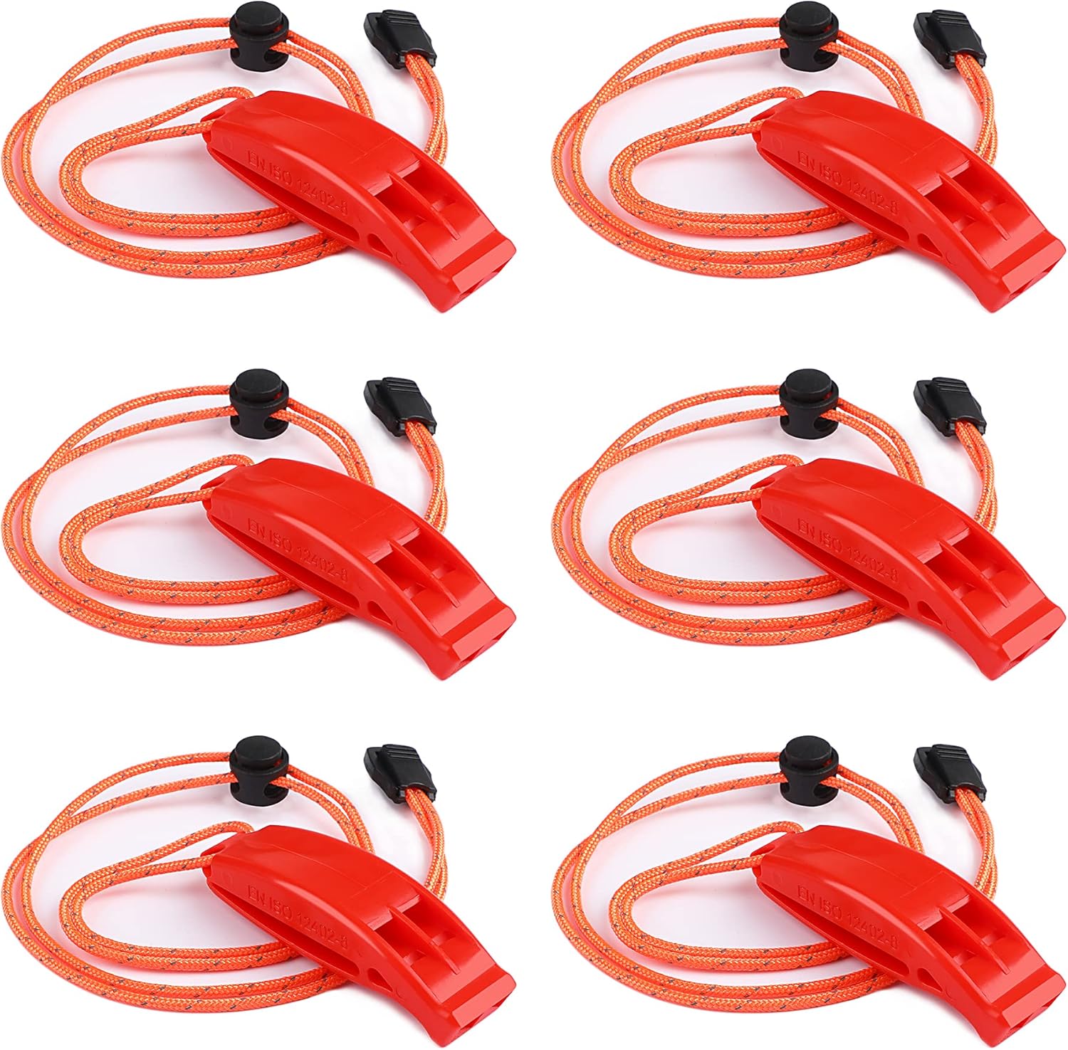 JULBEAR 6PCS Safety Survival Whistles with Adjustable Reflective Lanyard Emergency Plastic Whistle Marine Whistle