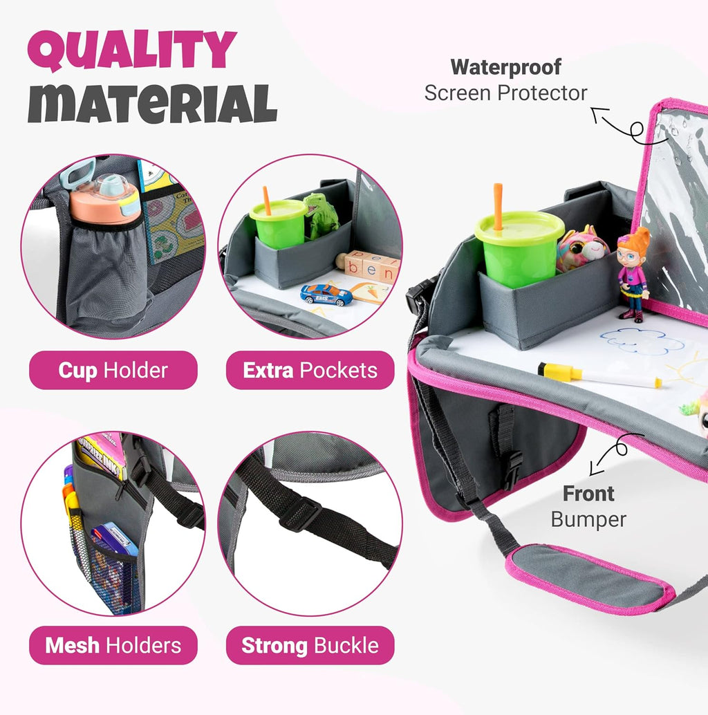 Kids Travel Tray with Dry Erase Board, Travel Tray for Kids Car Seat, Carseat Table Trays for Toddler, Kid Activity Desk for Air Travel, No-Drop Tablet Holder & Borders (Pink Frame)