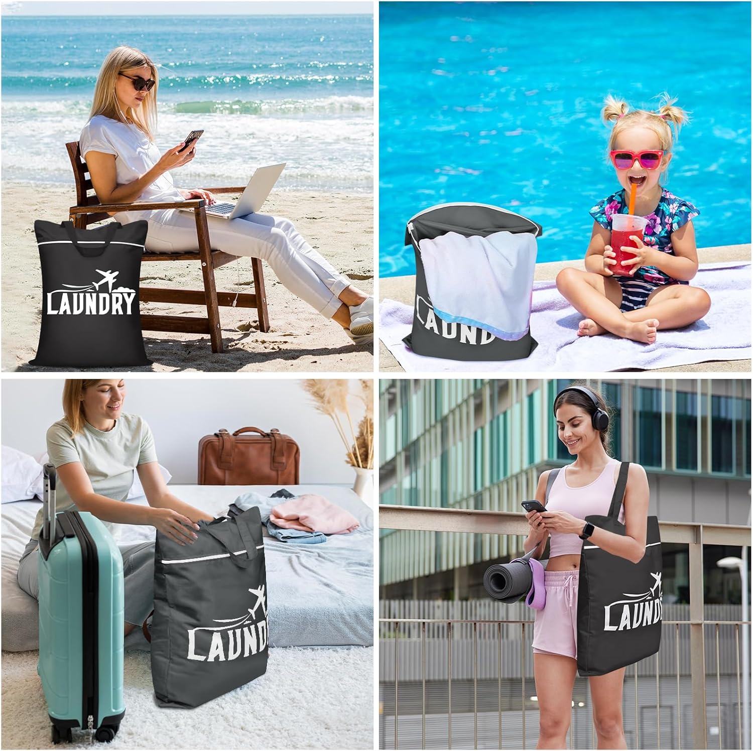 2 Pcs Large Travel Laundry Bags - Washable Waterproof Wet Dry Bags for Dirty Clothes, Swimsuits, Gym Clothes, Laundry, Swimming Pool, Yoga, College Dorm (Black+Grey)