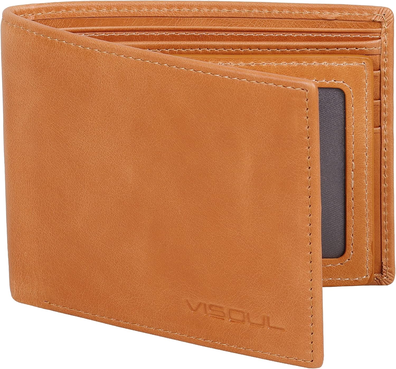 VISOUL Leather Mens Bifold RFID Blocking Wallet with 2 ID Windows, Leather Wallet for Men (Leather, Tan)