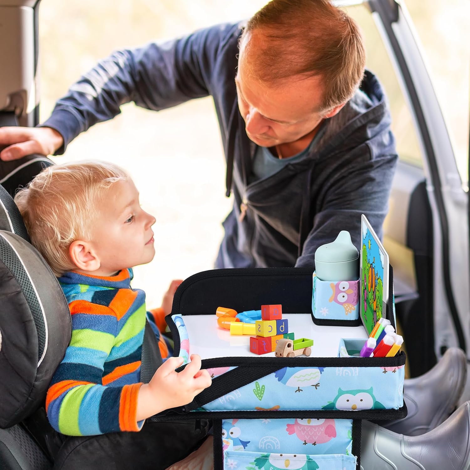 Kids Travel Tray, Travel Tray for Kids Car Seat, Toddler Car Seat Lap Tray, Carseat Tray for Kids Travel, Carseat Table Tray for Kids Travel Activities (Blue)