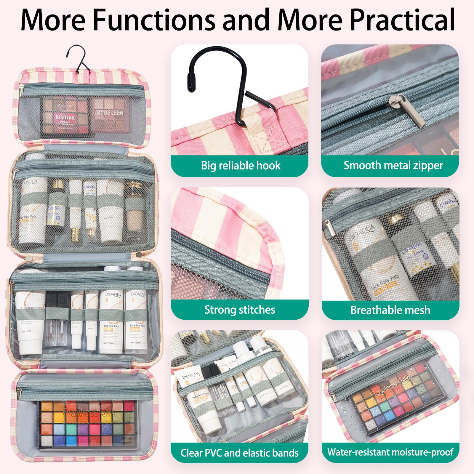 Apxouans Toiletry Bag for Women Travel Water-resistant Cosmetic Bag Fashion Stripes Makeup Bag with Hanging Hook Preppy for Store Toiletries Cosmetic Accessories Large Capacity Pink